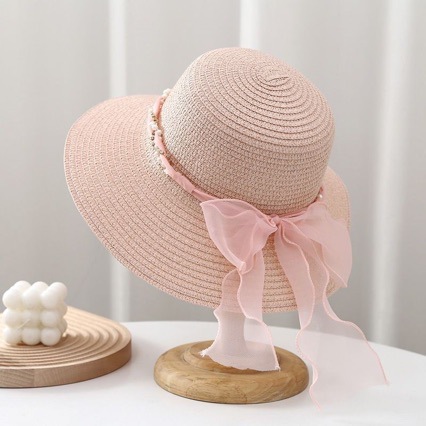 2025大檐珍珠飘带太阳帽子草编帽纸帽大帽檐沙滩帽草帽防晒遮阳