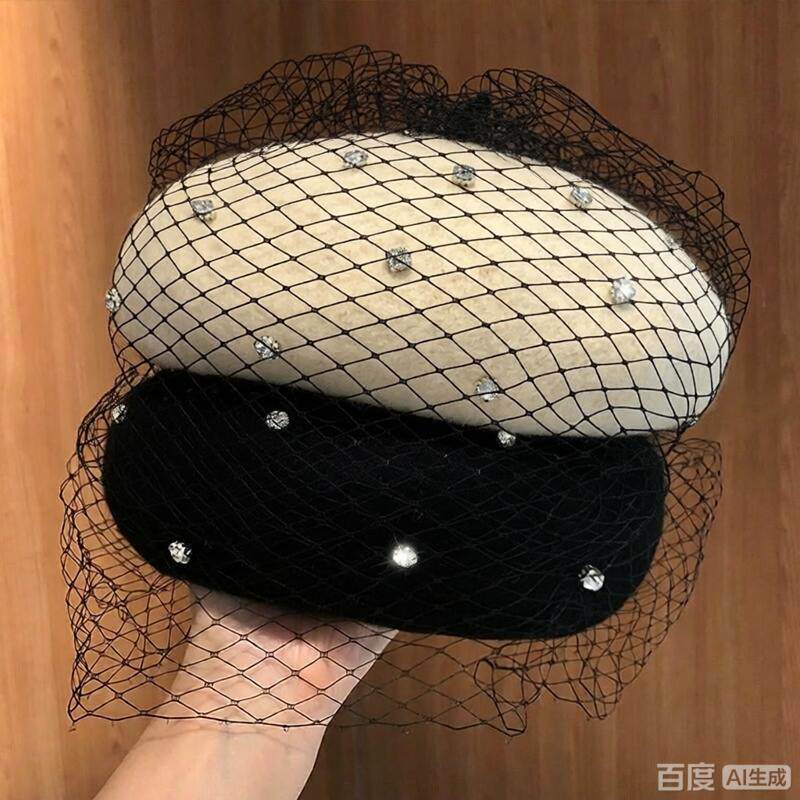 黑色网纱羊毛贝雷帽女秋冬冬季韩版水钻蓓蕾帽英伦复古画家帽子女
