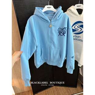 blacklabel火柴人连帽拉链卫衣女卡通宽松休闲加绒开衫外套26早秋