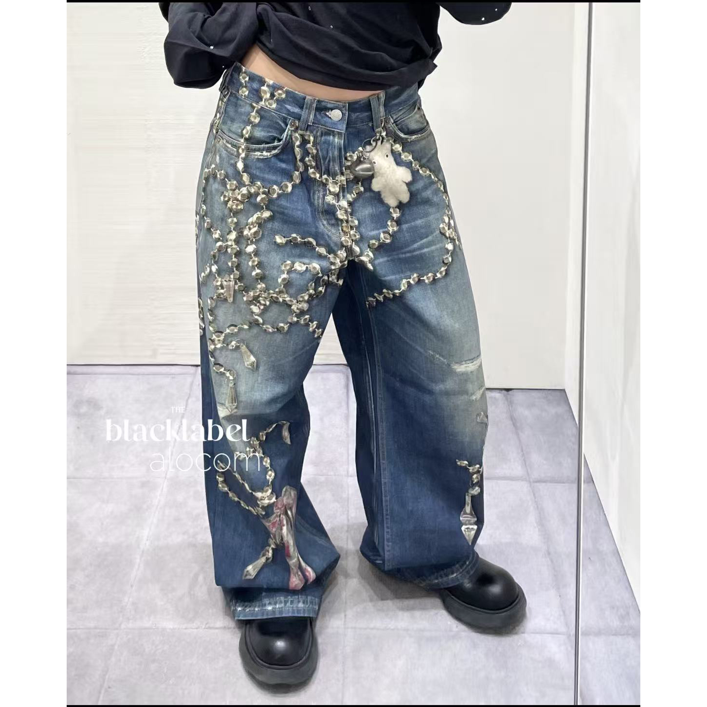正确印花 3D打印链条水晶蝴蝶结印花牛仔裤25秋冬新款