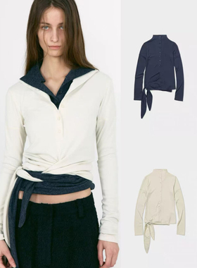 26早春新款半高领纽扣领绑带修身上衣 弹力 极简风打底衫 low