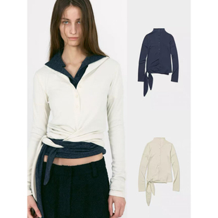 极简风打底衫 26早春新款 弹力 上衣 low 半高领纽扣领绑带修身