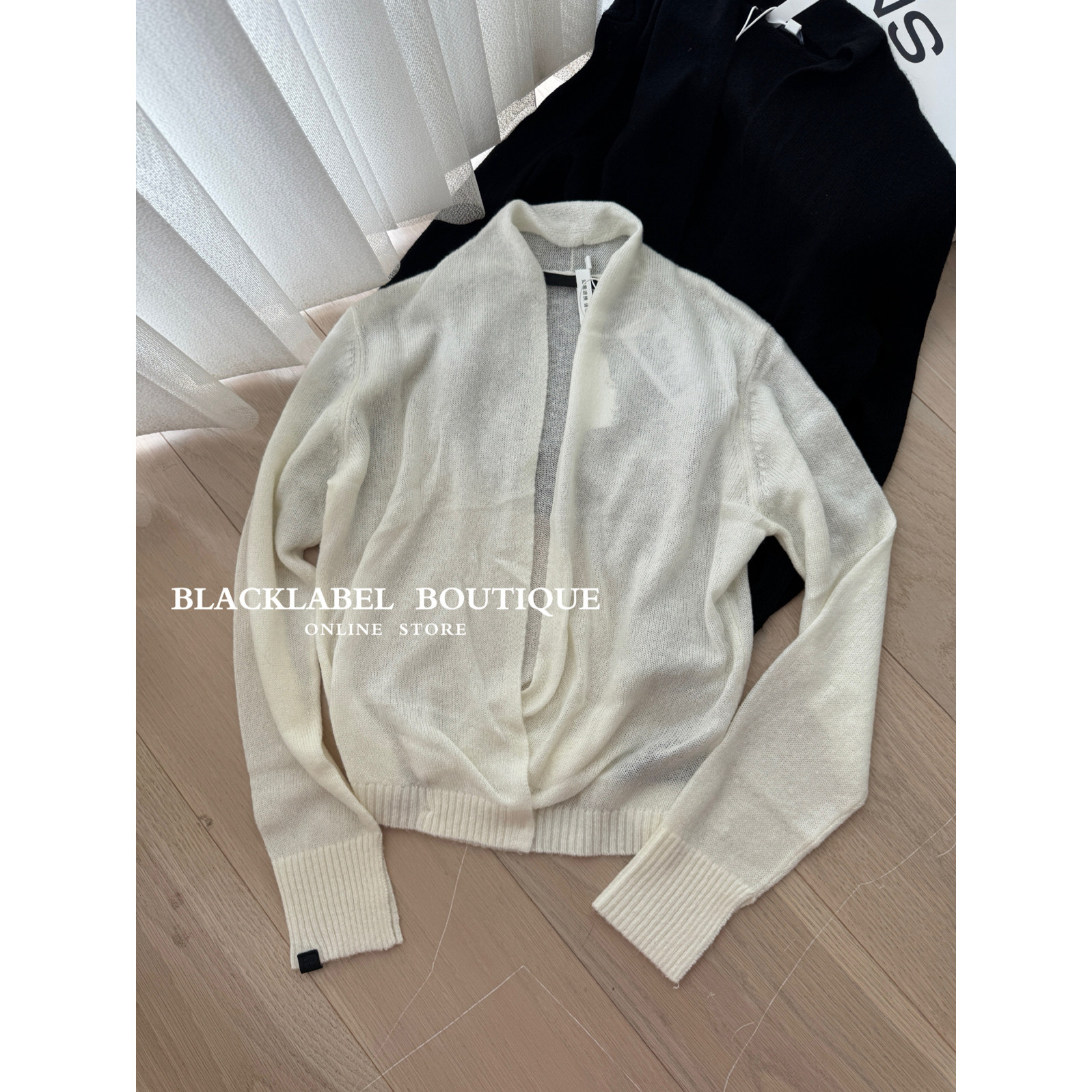 blacklabel "90s CLUB"羊绒桑蚕丝混纺荡领开衫毛衣上衣黑色