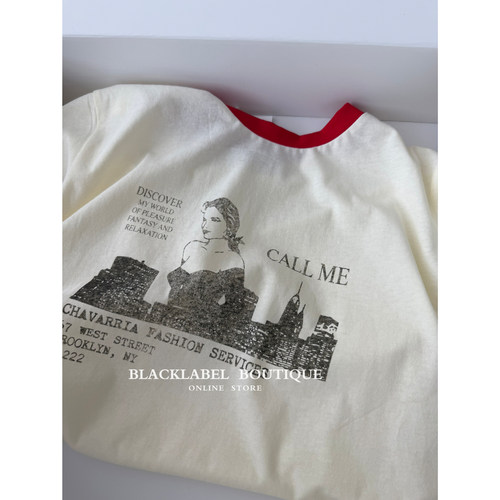 blacklabel 正确版! Jennie同款 红色撞色复古call me印花短袖T恤