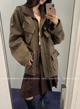 tina open yy25秋新款做旧复古工装口袋拉链宽松夹克外套上衣男女