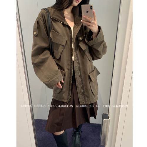 tina open yy25秋新款做旧复古工装口袋拉链宽松夹克外套上衣男女