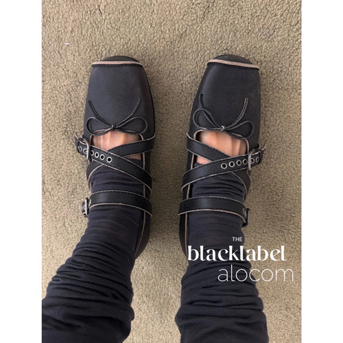 TINA OPEN YY 25ss交叉绑带4cm复古方头芭蕾舞鞋外牛皮内猪皮鞋底