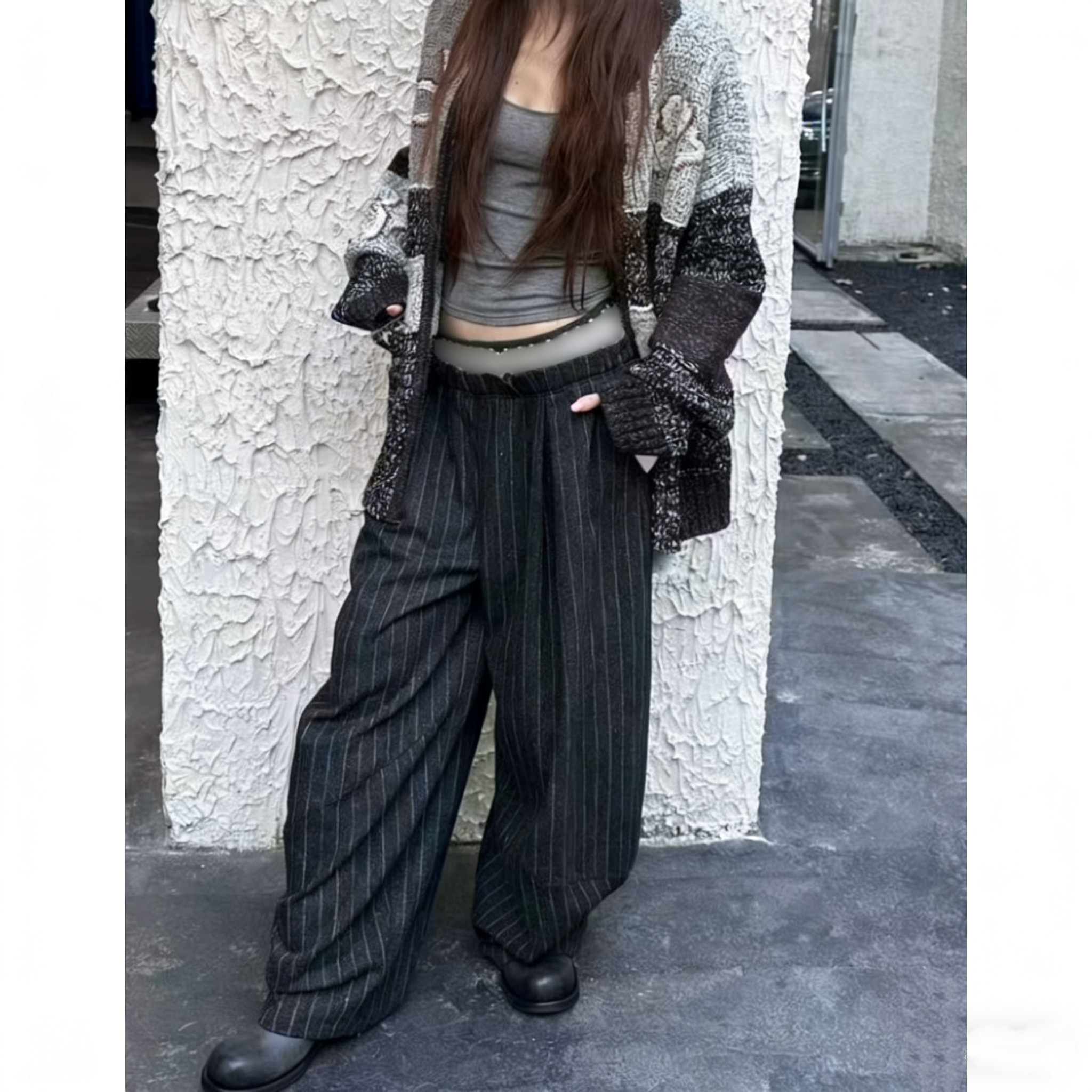 26早春新款 费尔岛针织腰头立体裁剪垂坠休闲条纹西裤长裤