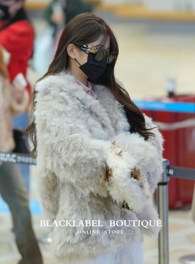 blacklabel 张元英同款cerri*宽松翻领混色保暖环保皮草外套女