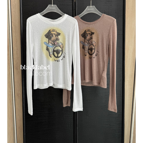 tina open yy25早秋可爱卡通小狗圆领修身长袖T恤衫上衣