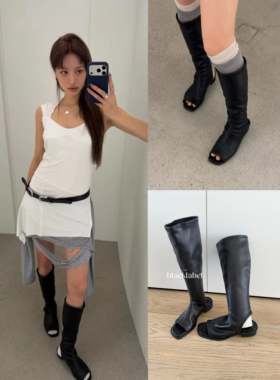 blacklabel26春夏新款复古牛皮露趾堆堆靴 夏季中筒靴 靴子