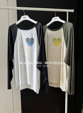 正确版 tina open yy 26早春新款 宽松插肩袖长袖T恤 撞色