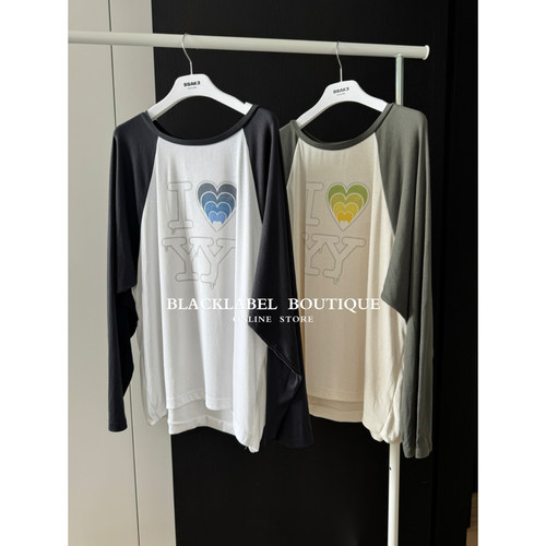 正确版 tina open yy 26早春新款 宽松插肩袖长袖T恤 撞色