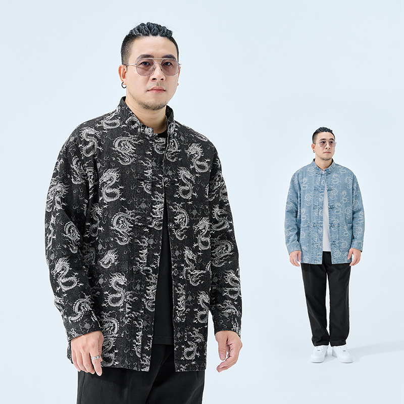 半墨大码男装新中式牛仔夹克男春季新款龙纹提花宽松胖子唐装外套