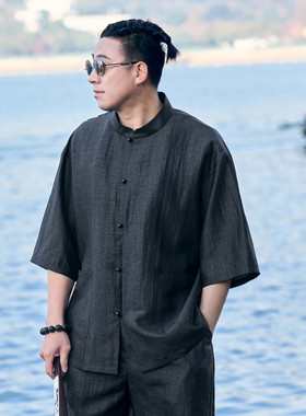 半墨新中式国风男装香云纱衬衫男士短袖夏季新款高端真丝唐装套装