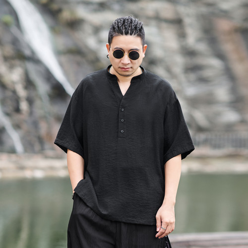 半墨新中式V领短袖衬衫男夏季亚麻透气T恤宽松胖子老钱风男装衬衣