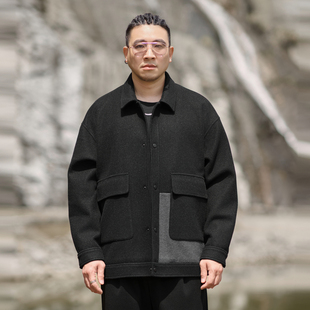 新款 半墨大码 毛呢外套男秋季 短款 宽松撞色拼接胖子翻领夹克潮 男装