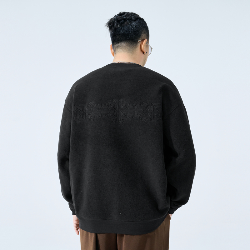 半墨大码男装摇粒绒卫衣男秋季新款宽松加肥加大中国风绣花外套潮