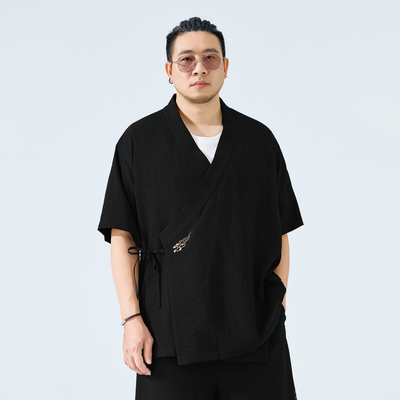 半墨特大码男装新中式短袖道袍夏季新款中国风刺绣宽松开衫外套男