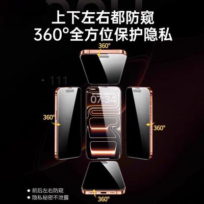 【360度防窥】亿可得适用苹果17Promax防窥钢化膜iPhone16po手机保护膜15/13防偷窥1新plus新款142贴11亿可得