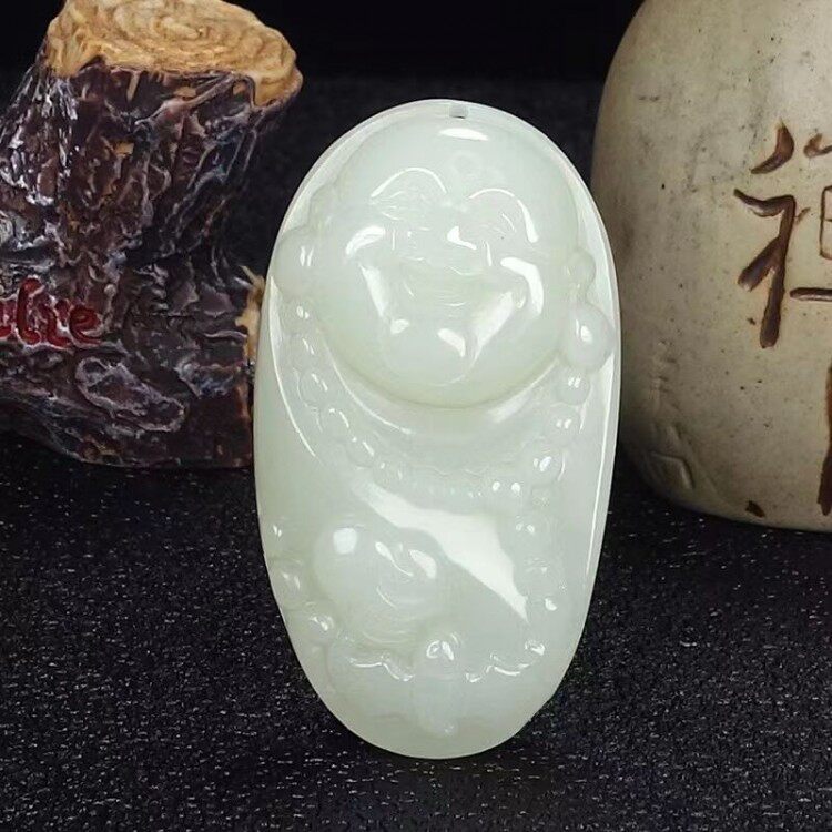 新疆和田玉开心佛吊坠羊脂白玉弥勒佛挂件男女情侣款玉佛玉坠包邮