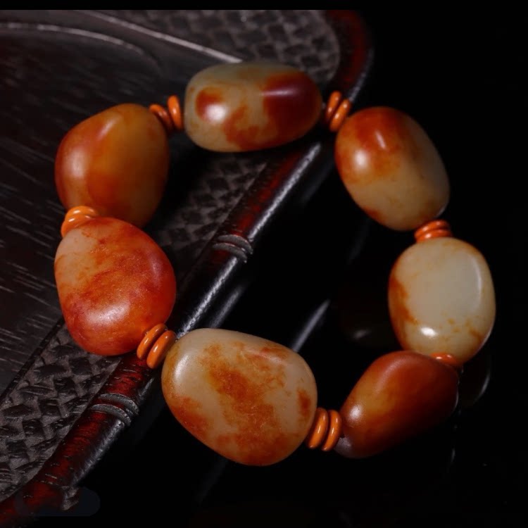 新疆和田玉手链红沁皮原石籽料随形手串手链男款玉石玉器大号手串