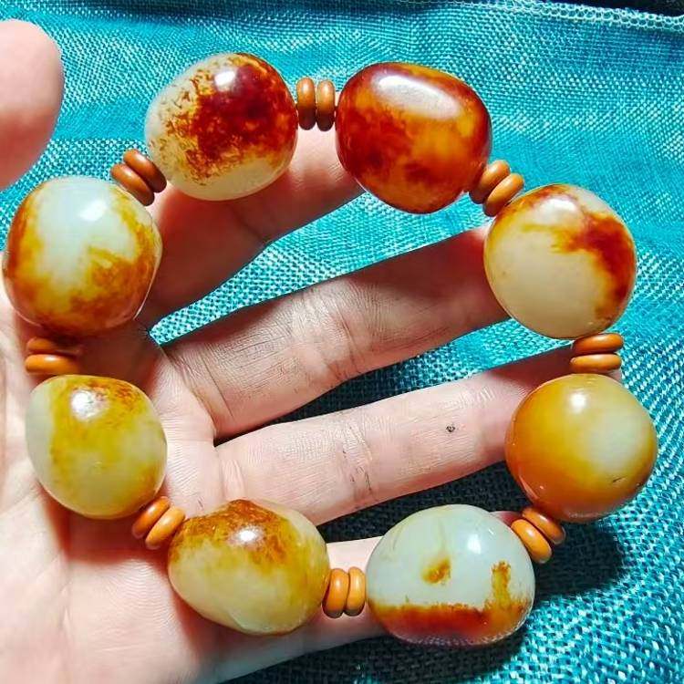 保真新疆和田玉手链枣红皮原石籽料手串手链男款玉石玉器手串手链