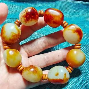 保真新疆和田玉手链枣红皮原石籽料手串手链男款玉石玉器手串手链