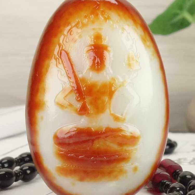 收藏级新疆和田玉莲花观音吊坠羊脂级红沁皮籽料观音挂件男款玉坠