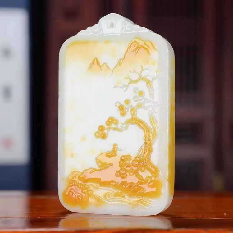 珍藏品新疆和田玉山水风景吊坠