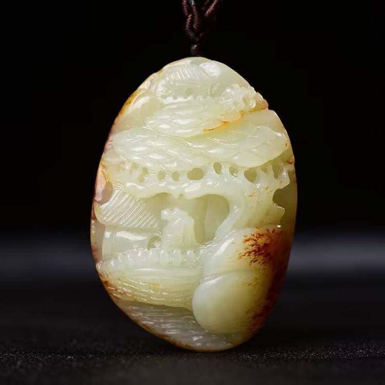 羊脂级白玉带皮原石籽料山水吊坠