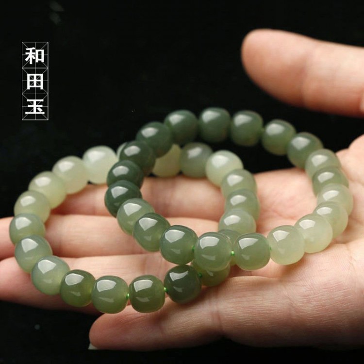 天然和田玉黄口料渐变老型珠手链青黄色细腻油润单圈玉石手链男女