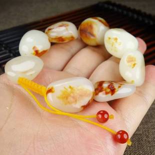 收藏佳品新疆和田玉手链羊脂级白玉带红沁皮原石籽料手串手链男款