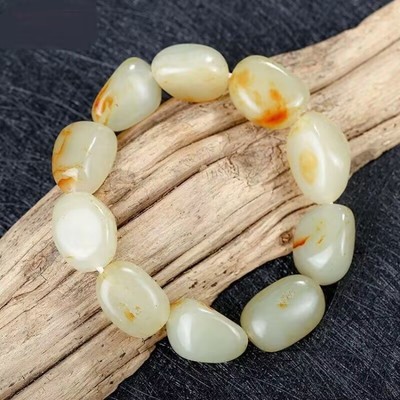 黄沁皮白玉籽料原石手链