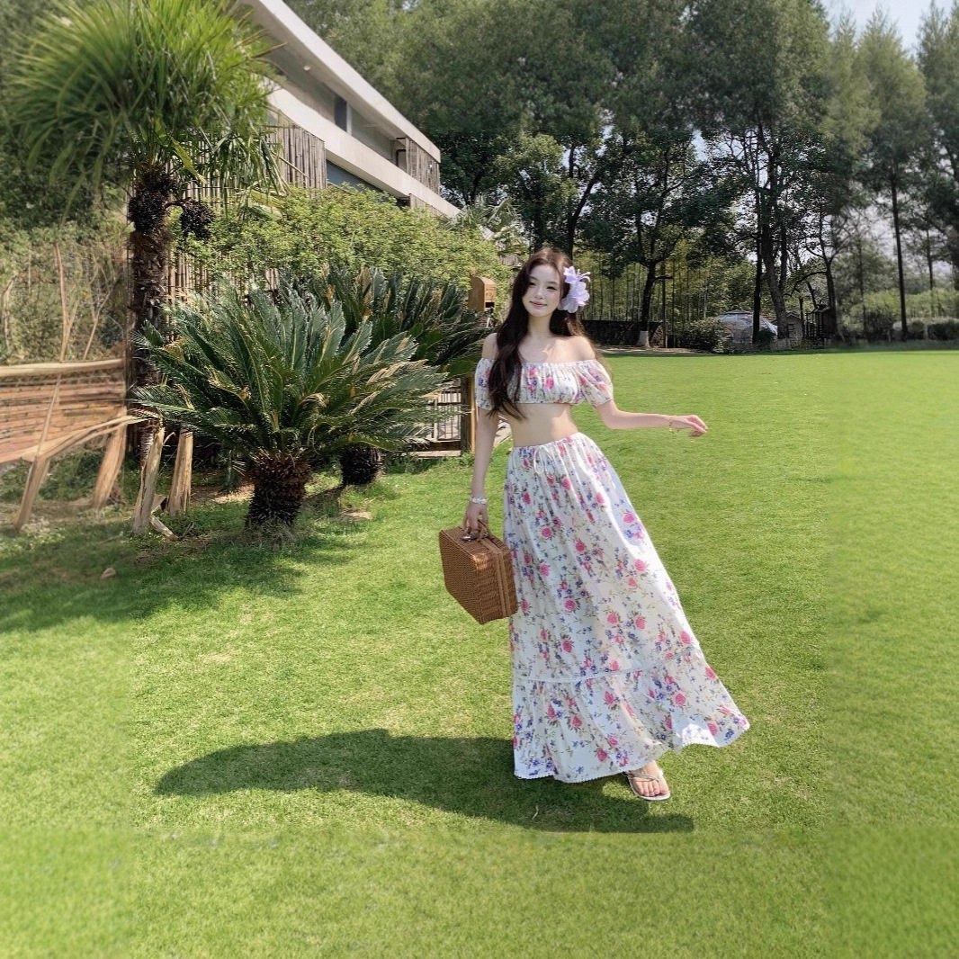 2025 法式一字领碎花抹胸上衣春夏海边度假风半身裙套装女