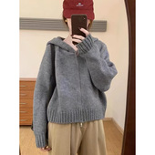 加厚保暖连帽拉链开衫 女秋冬洋气时髦毛衣设计感上衣简约百搭外套