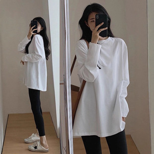 2026新款白色内搭t恤女早秋中长款遮屁股宽松长袖打底衫纯色上衣