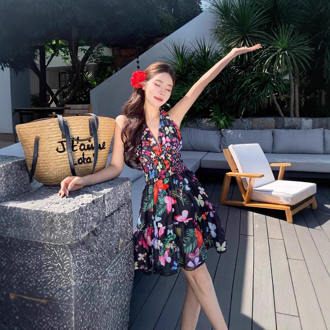 欧美2025春夏新款修身弹力海边度假抹胸设计荷叶边碎花迷你连衣裙