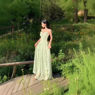 跨境新品 实拍绿野仙踪可调节吊带连衣裙荷叶边褶皱仙女裙长裙含胸