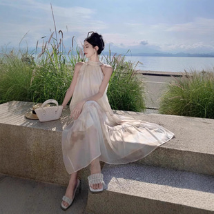 欧美跨境露晚宴 仙女裙海边度假长裙 蝴蝶结晕染挂脖连衣裙无袖