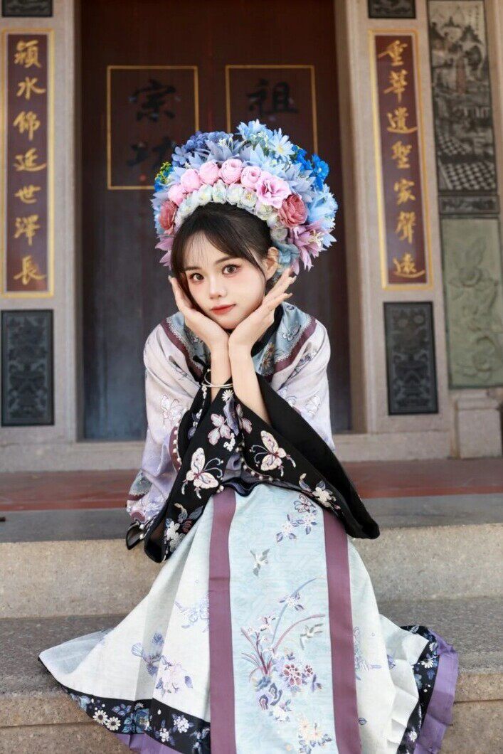 影楼簪花系列印花圆领写真格格服