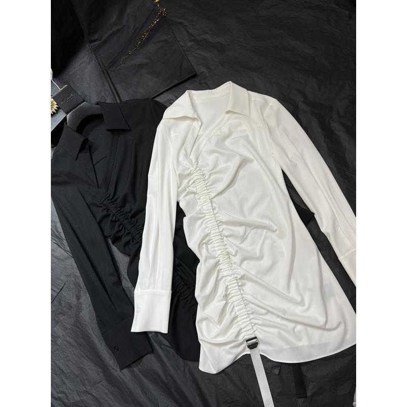 法式复古衬衫裙女长袖褶皱修身显瘦收腰时尚女装翻领气质套装