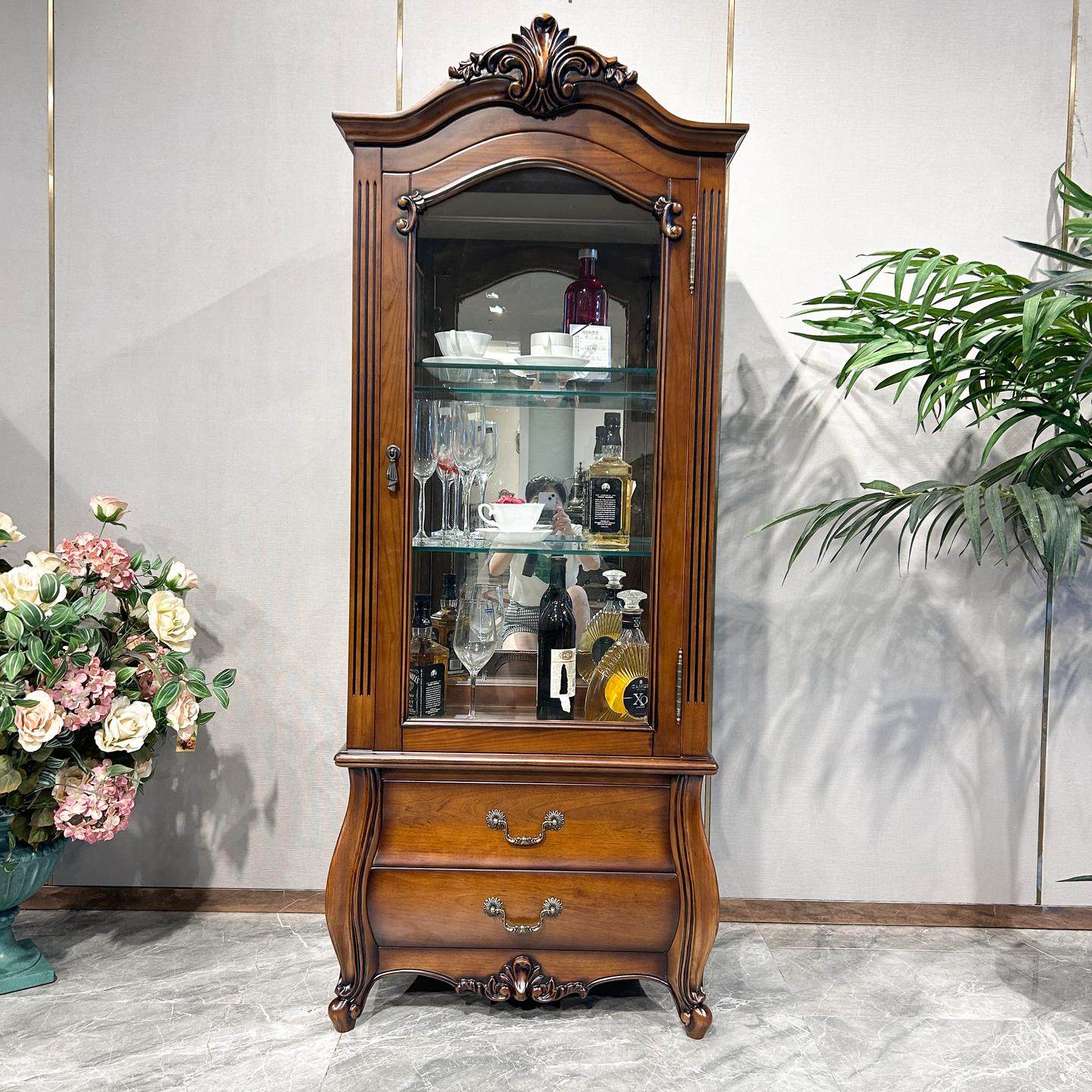 美式实木小酒柜客厅靠墙欧式复古玻璃装饰展示柜置物架餐厅餐边柜