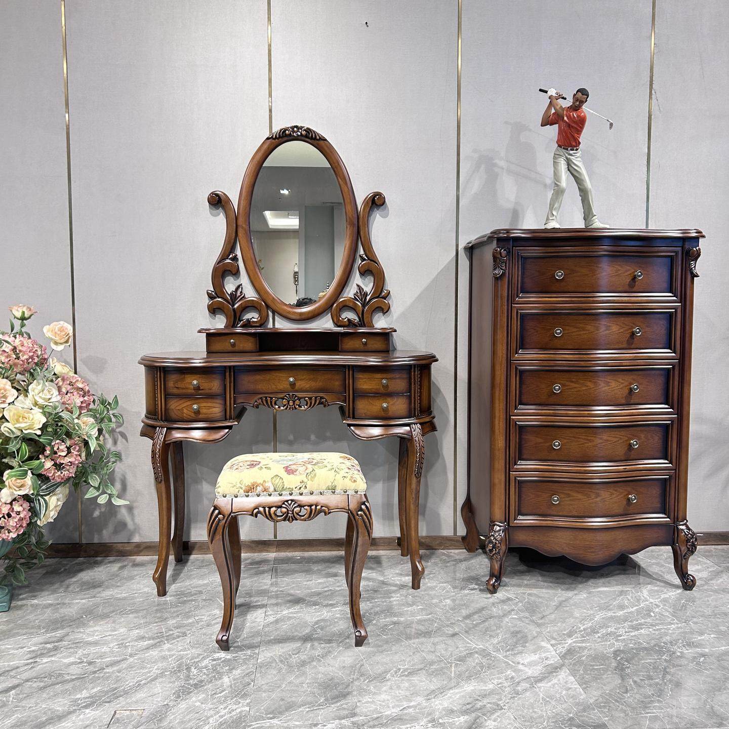 美式梳妆台斗柜组合实木卧室欧式化妆桌法式轻奢小户型复古化妆镜