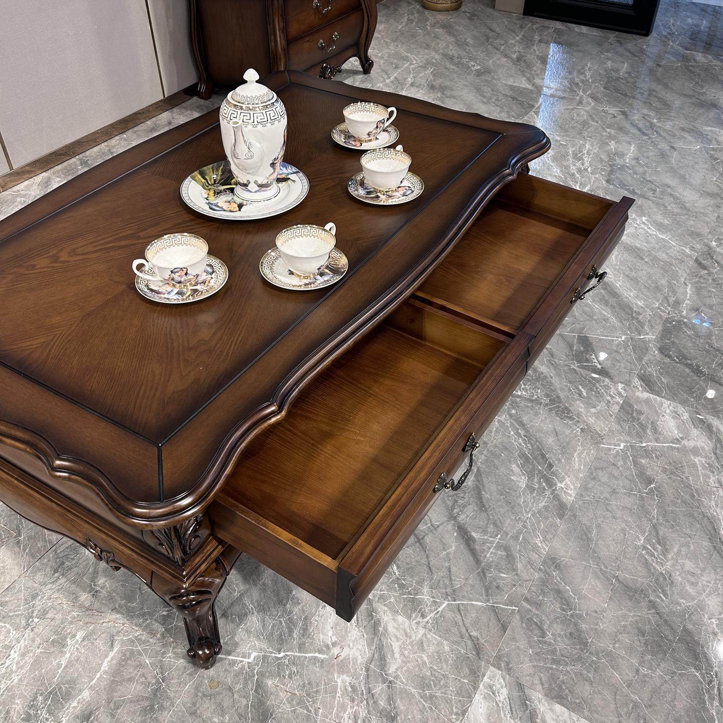 美式乡村茶几实木欧式客厅收纳储物雕花复古大师做旧设计方形桌面