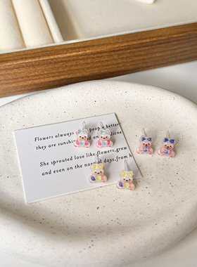 ins风卡通立体蝴蝶结爱心抱抱小熊塑料耳钉冰透甜美少女耳饰