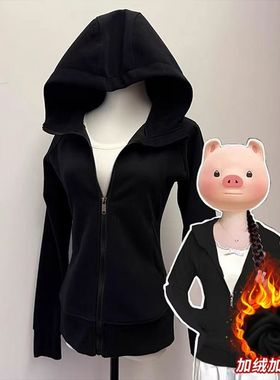 啄木鸟灰色正肩修身卫衣外套女秋冬季连帽开衫紧身上衣韩系开衫