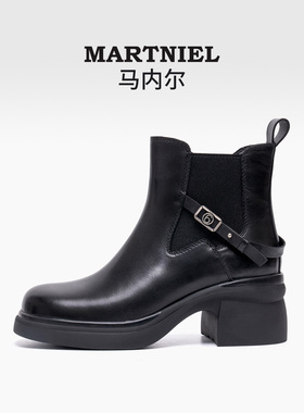 马内尔2025秋冬新款真皮厚底马丁靴黑色切尔西靴女短靴子GD259071