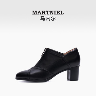 马内尔黑色前拉链粗跟高跟鞋粗跟深口单鞋女真皮2025新款玛丽珍鞋