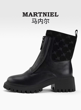马内尔厚底马丁靴女冬季新款黑色厚底拼接时尚休闲百搭短靴G29421